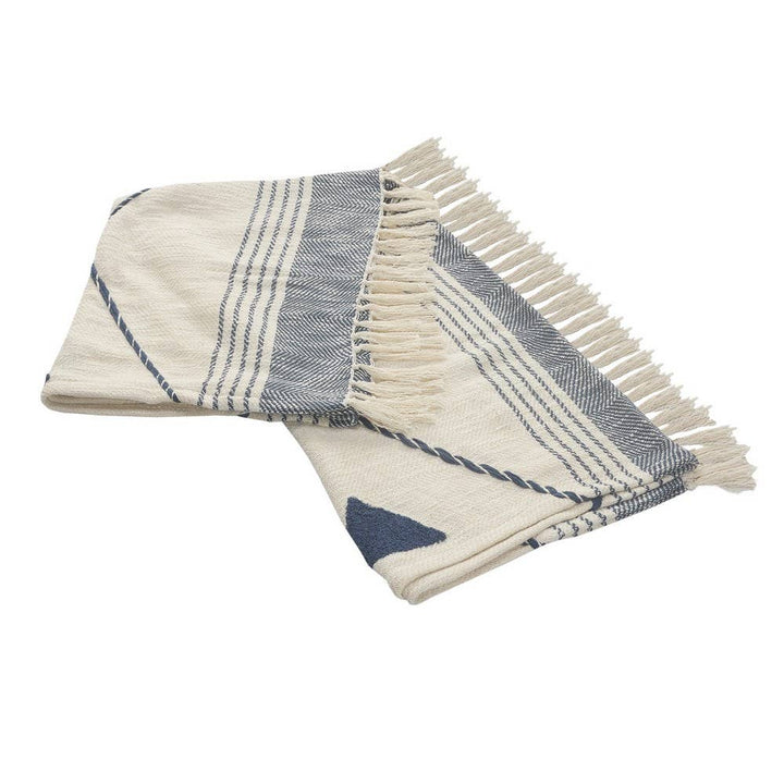 Coastal Edge Geometric Diamond Throw Blanket with Fringe: Blue/White