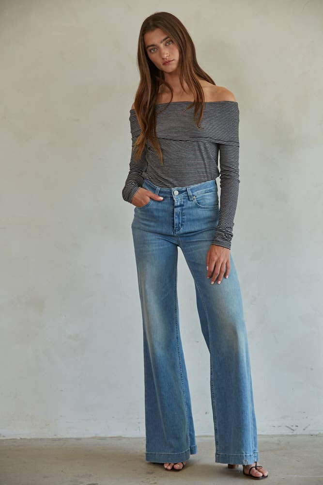 RJ3329 | Knit Ribbed Striped Foldover Off The Shoulder Top: Black White / L