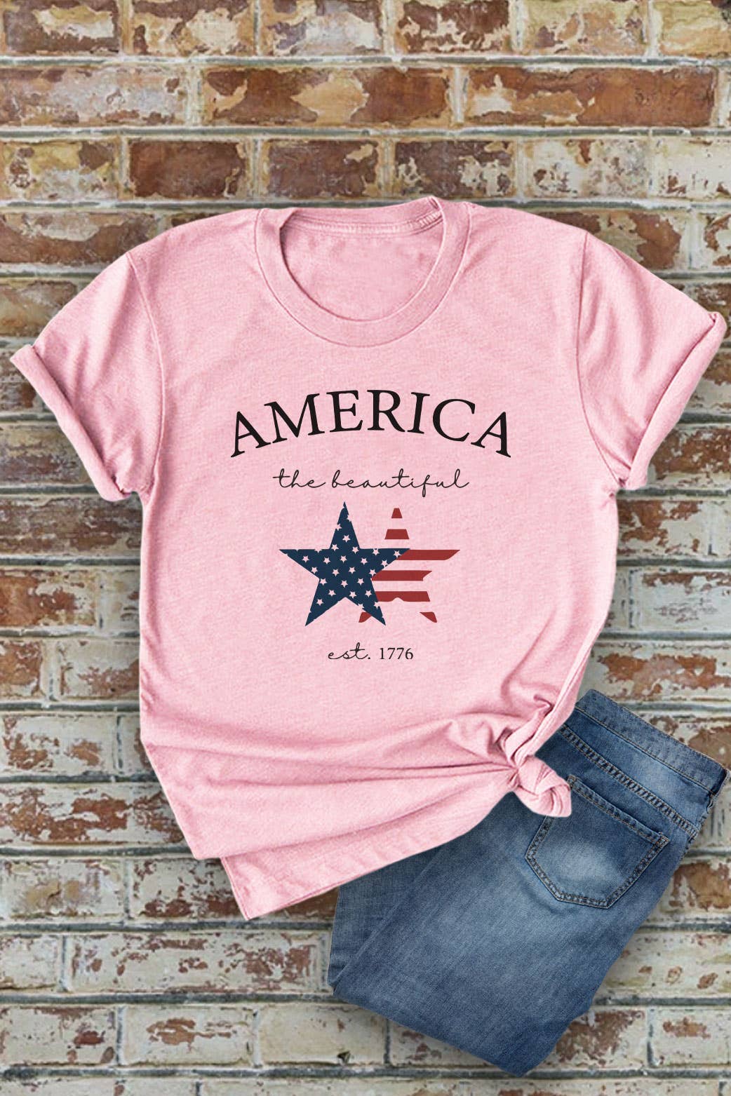 America The Beautiful, 4th of July, UNISEX Round Neck T-Shirt: M / Dusty Rose