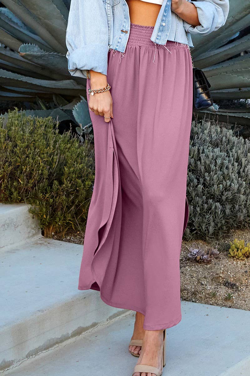 CWBLS041_SMOCKING WAIST MAXI SKIRT WITH SIDE POCKET: Black / (L) 1