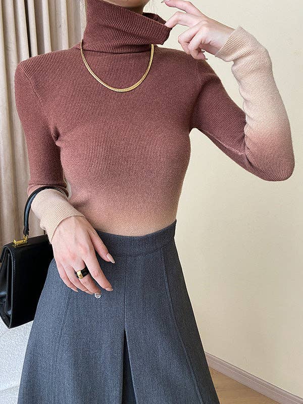 Long Sleeves Skinny Gradient High-Neck Pullovers Sweater Tops: CAMEL / One_size