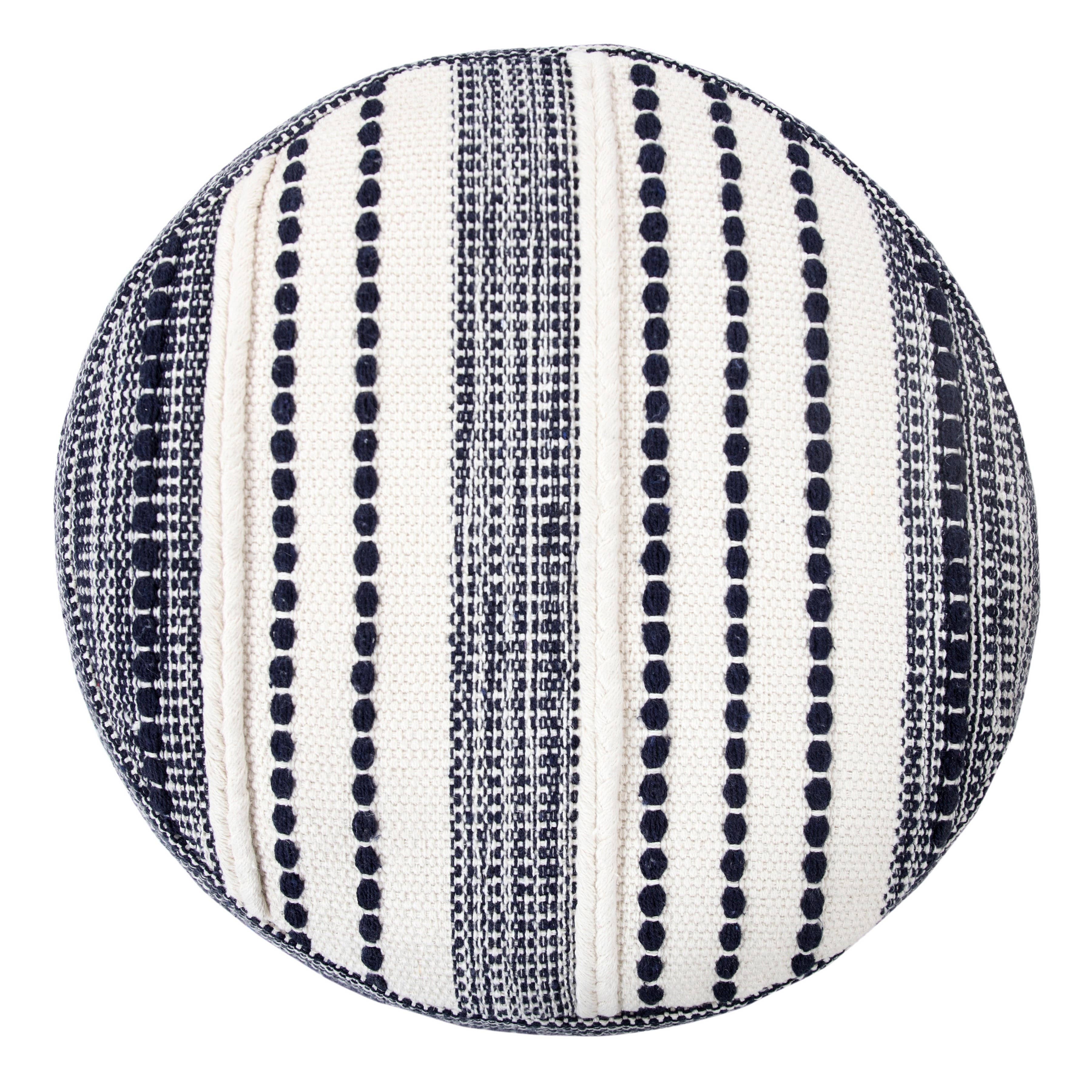 Navy and Ivory Seaside Striped Textured Pouf Ottoman: Blue/White