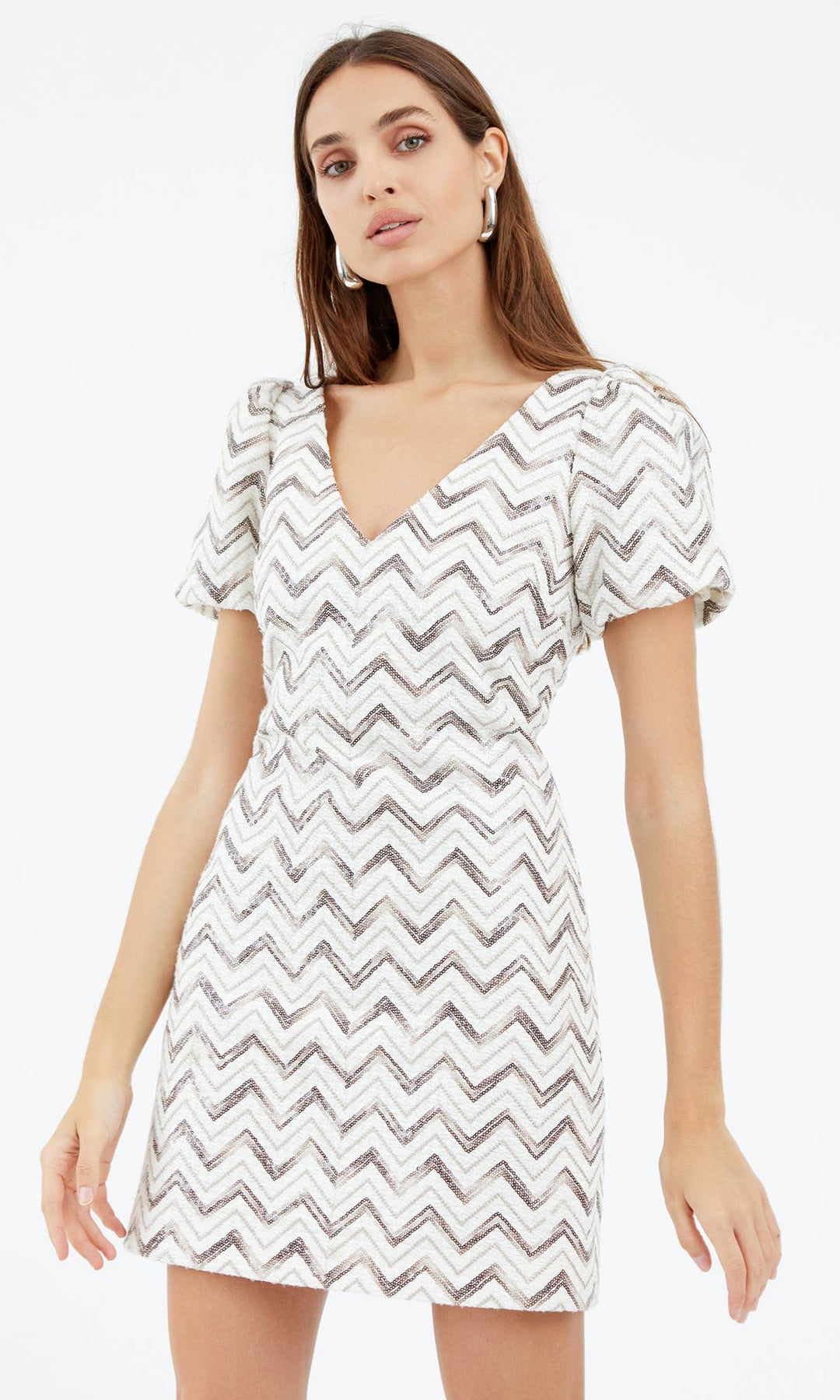 Cali Sequins Chevron Mini Dress: Medium / Ivory