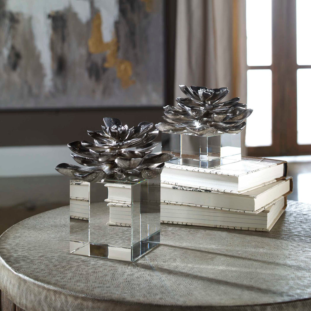 Indian Lotus - Metallic Flowers (Set of 2) - Silver