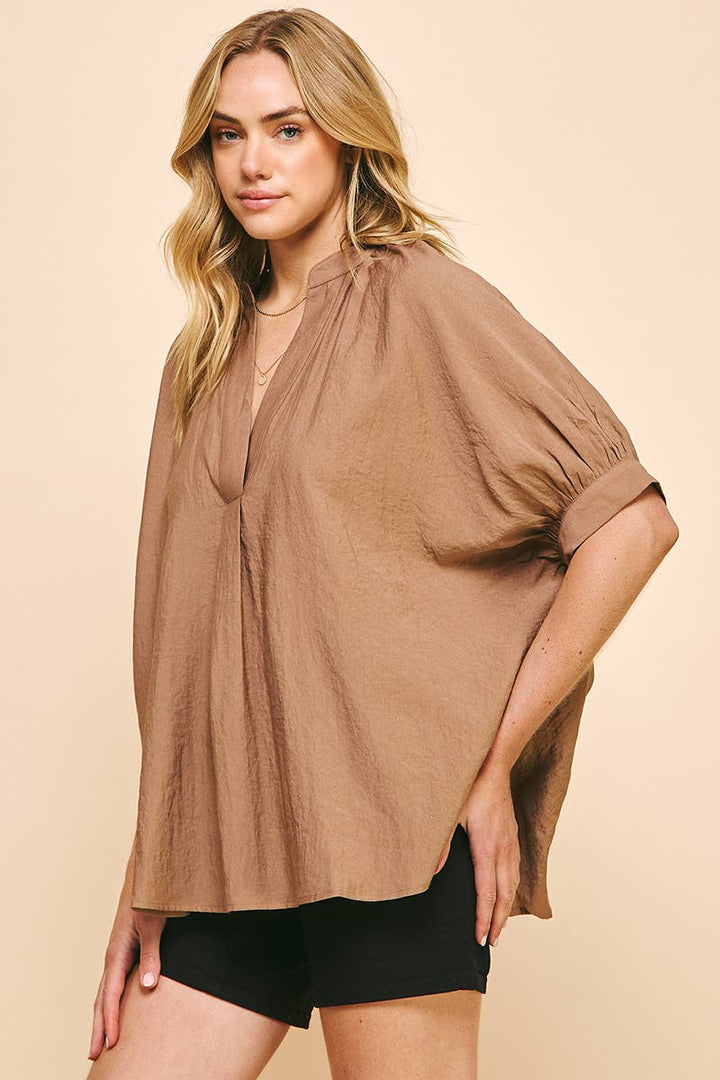 V-NECK TUNIC TOP - MOCHA: S