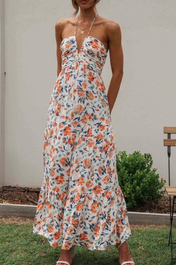 Plunge halter backless floral swing maxi sun dress: Orange / M