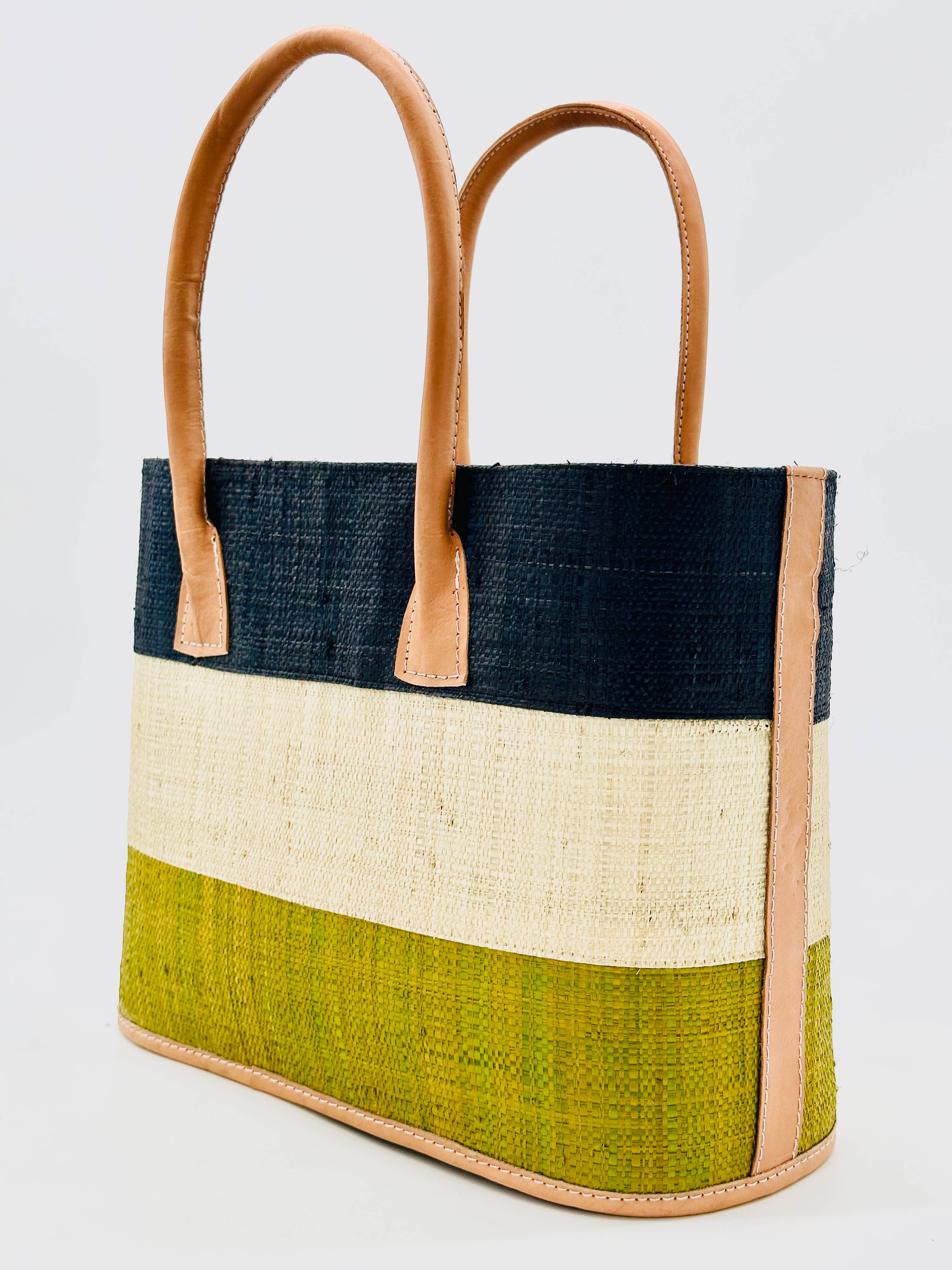 Santorini Color Block Straw Basket Bag Handbag: Small / Tobacco & Black