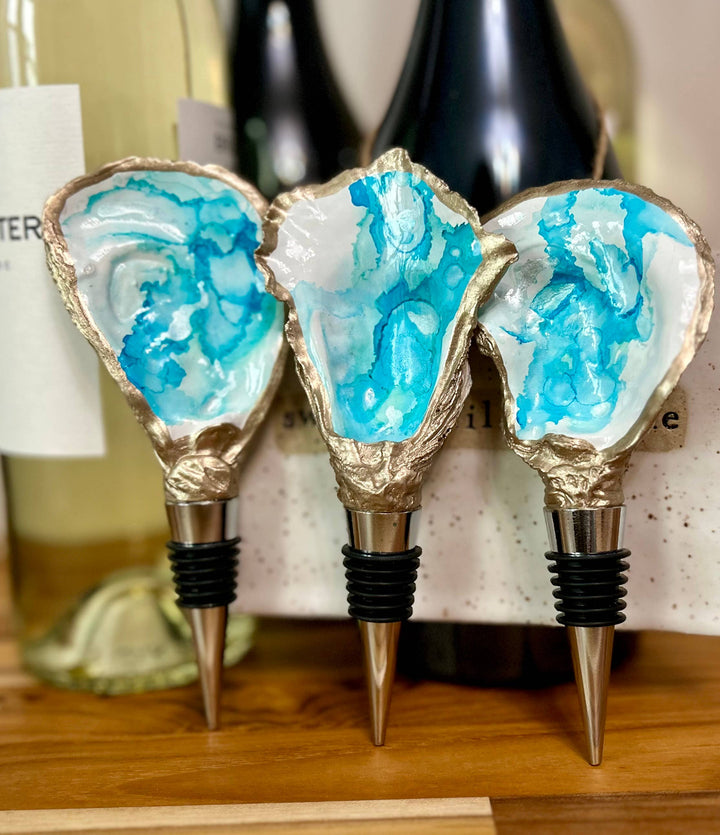 Hand Painted - Oyster Bottle Stopper - Aqua