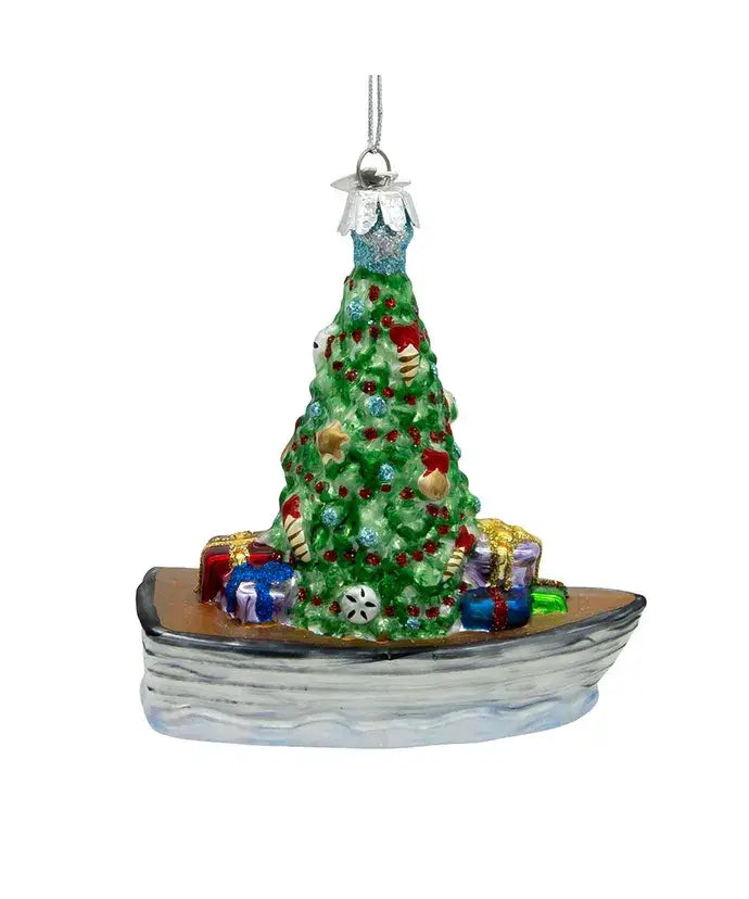 4"NOBLE GEMS BOAT W/TREE GLASS ORNAMENT
