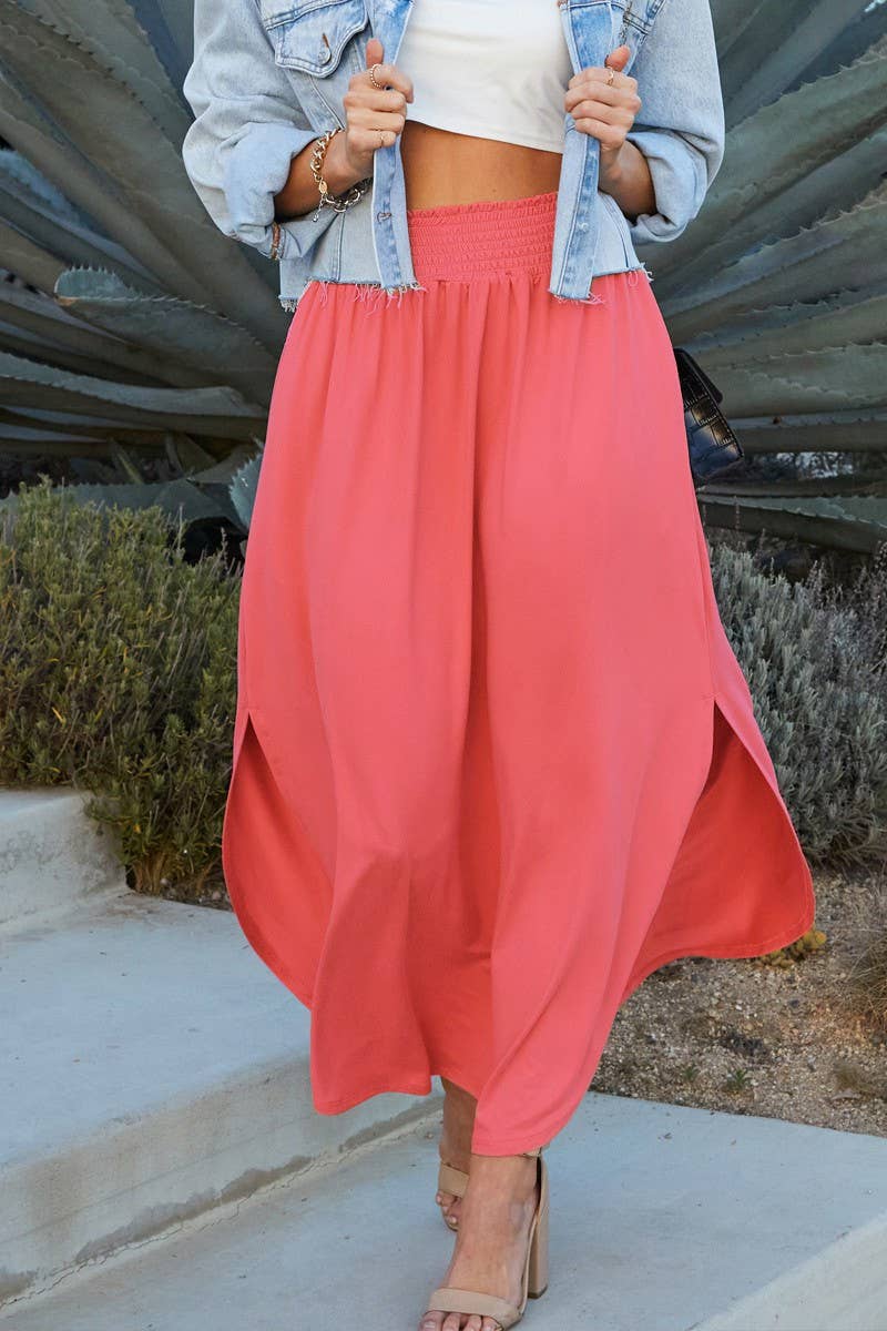 CWBLS041_SMOCKING WAIST MAXI SKIRT WITH SIDE POCKET: Black / (M) 1