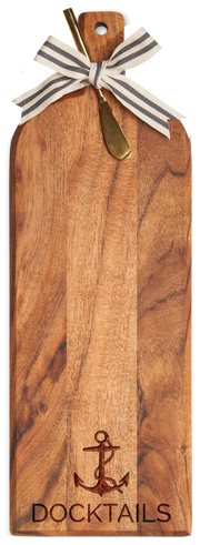Acacia Bevel Board w/ Ribbon & Gold Spreader Knife | Anchor Docktails | 20 x 7"