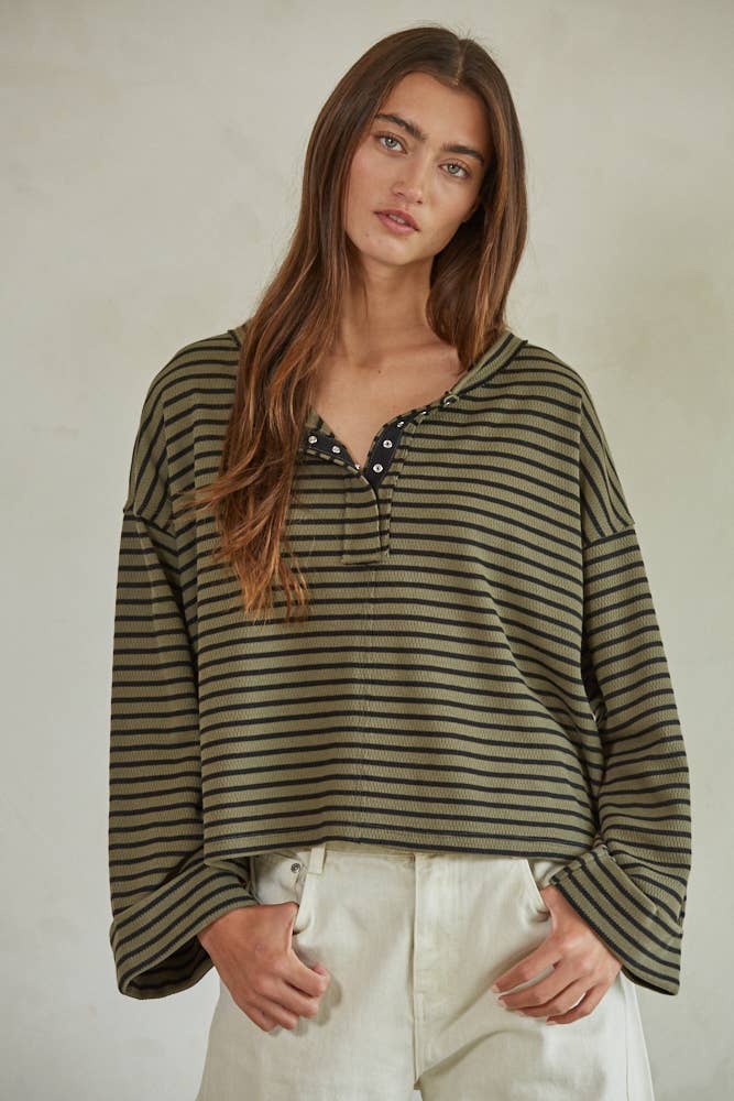 RJ3371 | Knit Striped Round Neck Long Sleeve Pullover Top: Olive Black / S