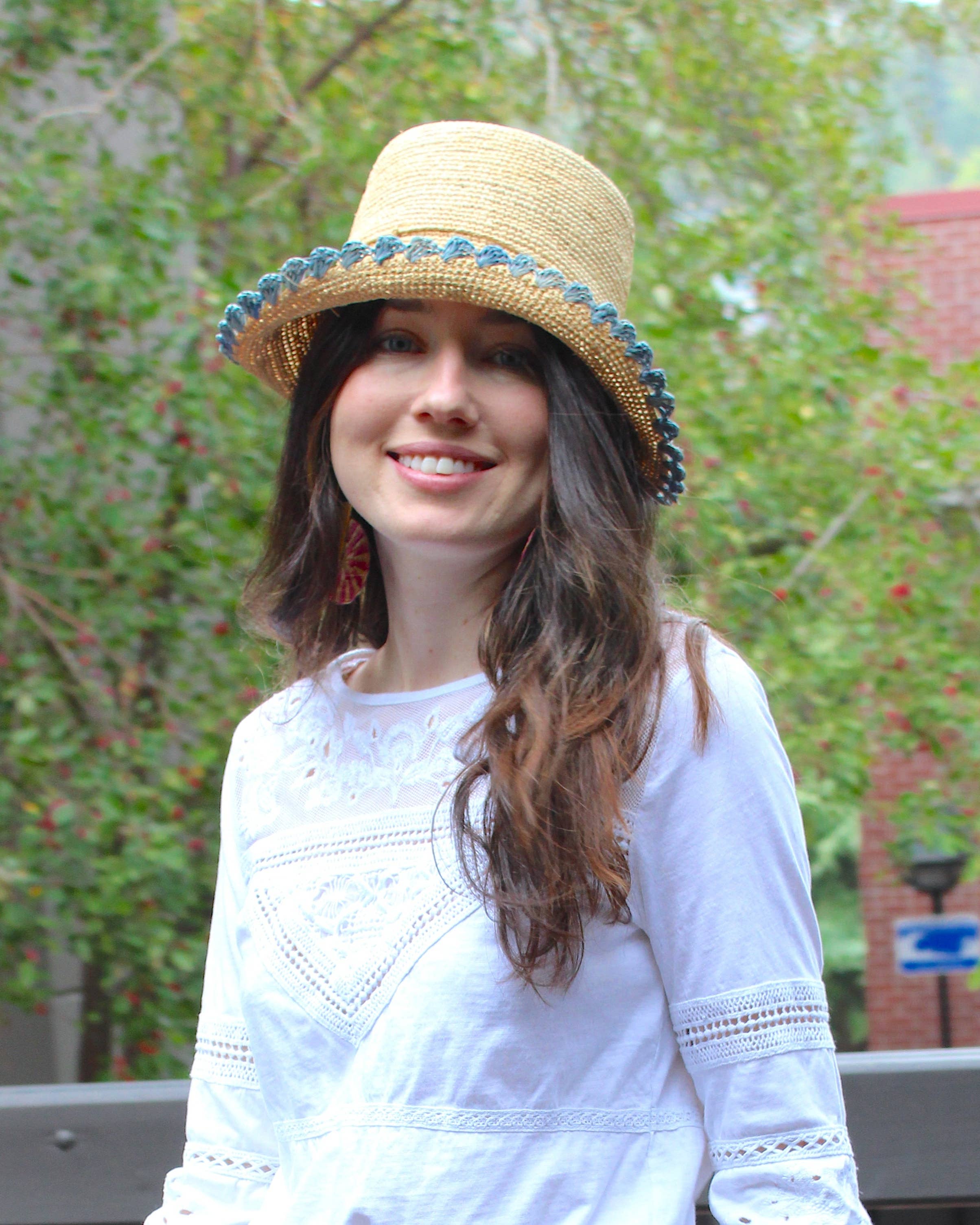 Kate 3" Brim Crochet Bucket Straw Hats with Colored Edge: Fuchsia