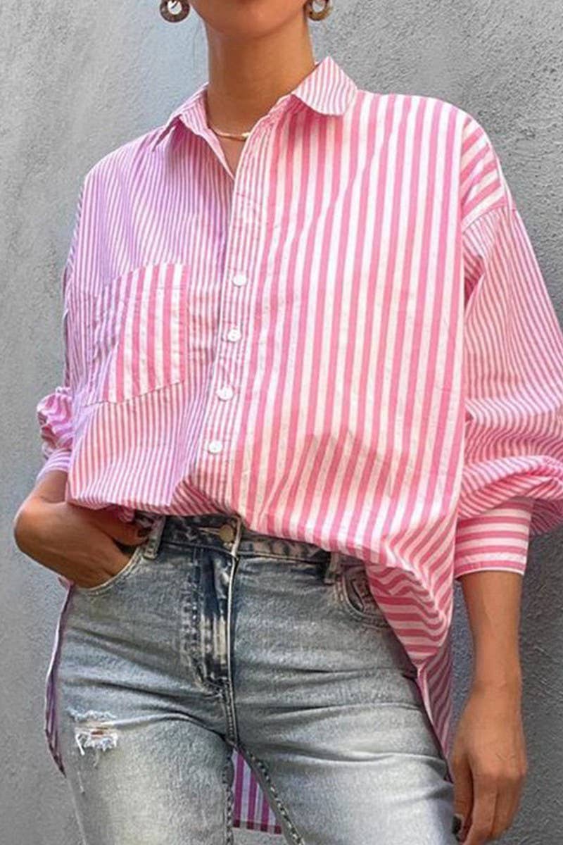 CWTSTL0917_Button Down Casual Striped Long Sleeve Top: Pink / (M) 1