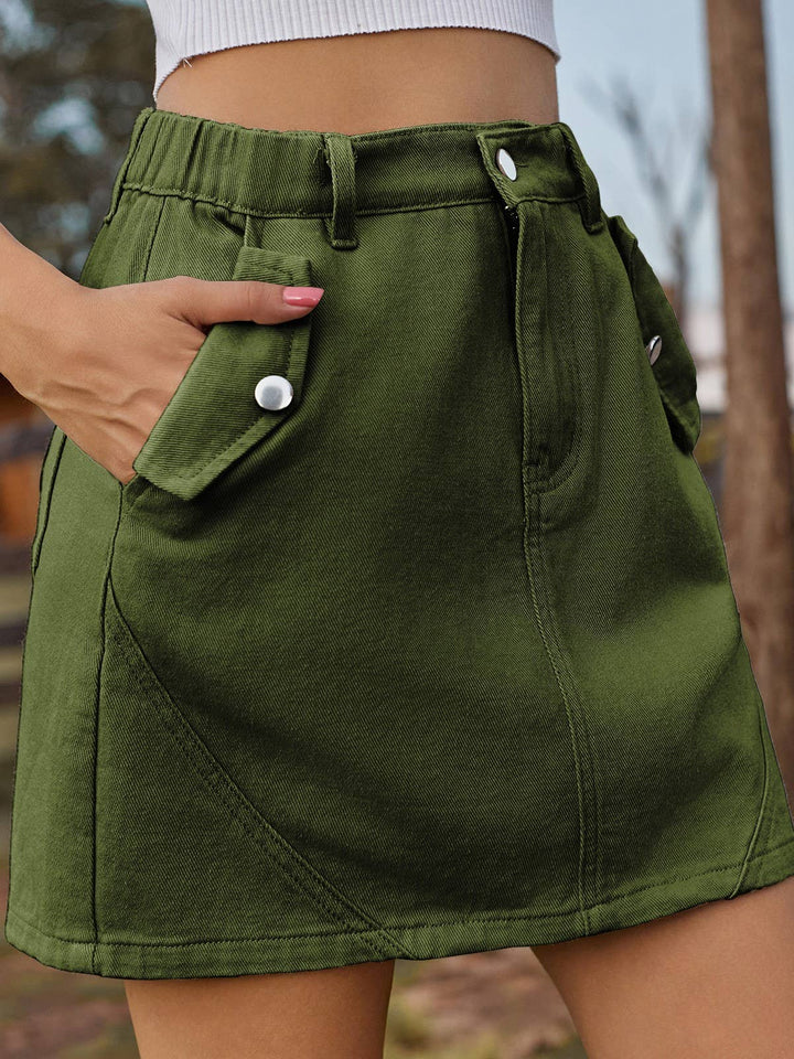 Elastic waist colored high rise cargo denim mini skirt: Beige / S