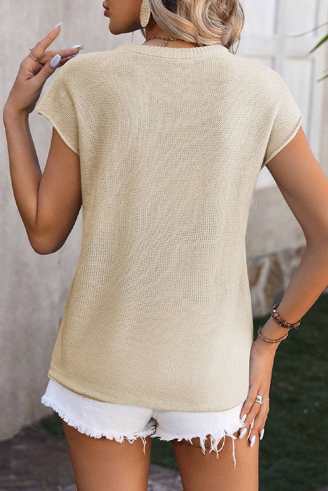 Plain Exposed Seam Knit Round Neck Short Sleeves Top MD114: Black / XL