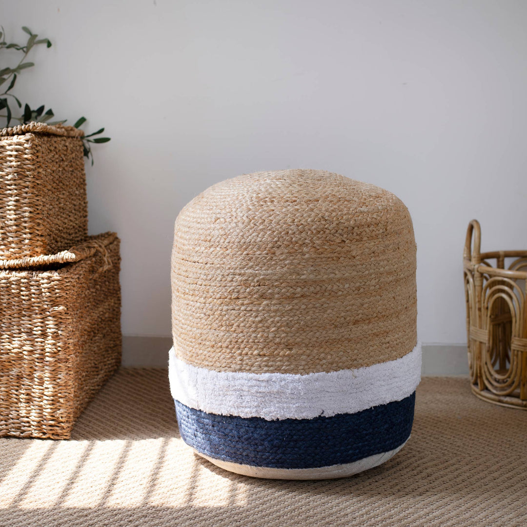Transitional Nautical Natural/Navy Hand Woven Cylinder Pouf
