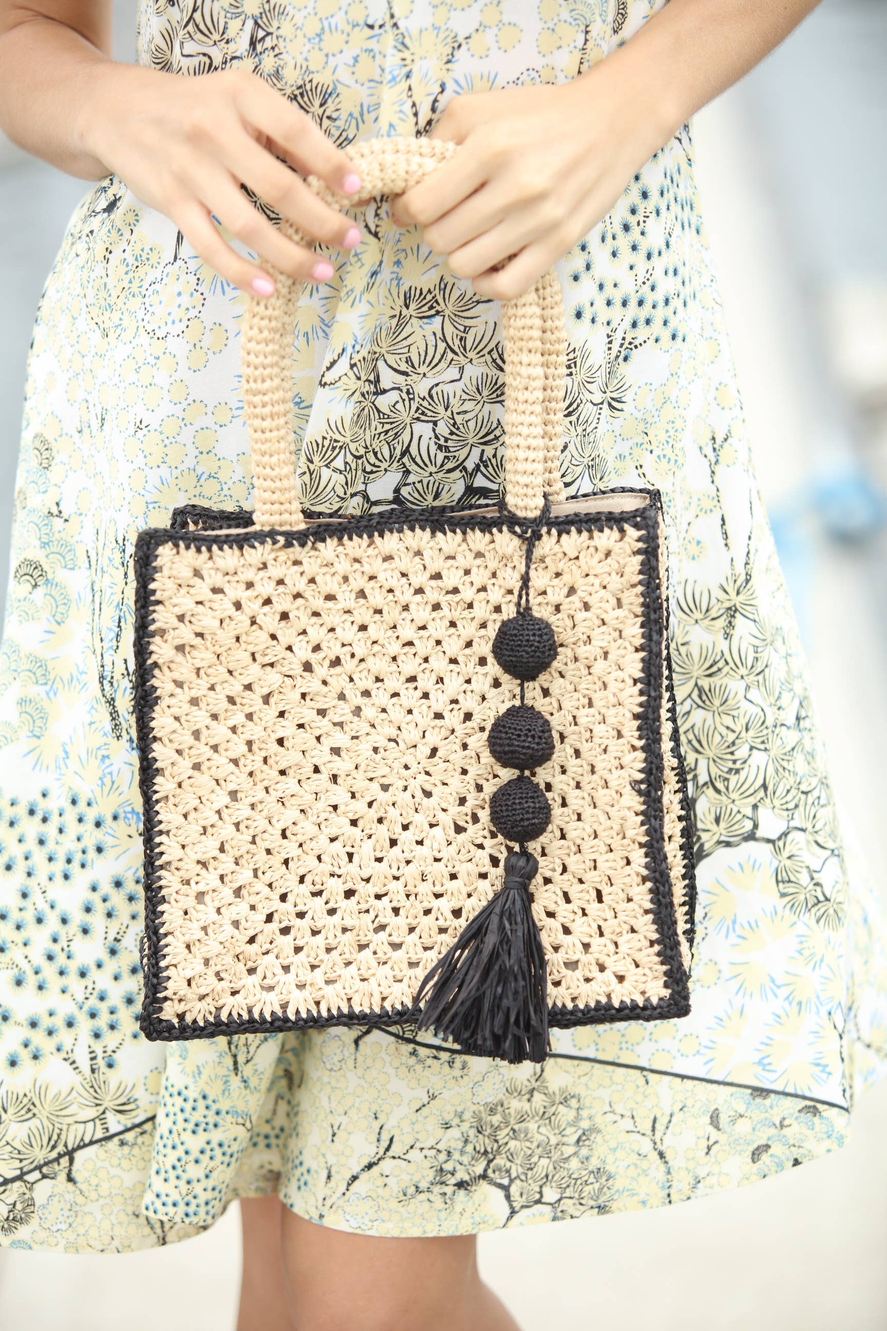 Kimba Crochet Straw Handbag + Sphere Charm Embellishment: Black Trim