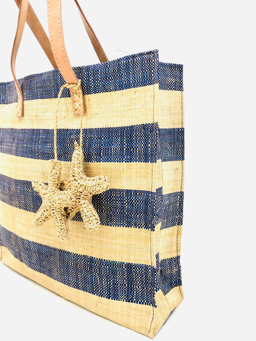 Starfish Straw Bag with Crochet Starfish Charm Embellishment: Blue