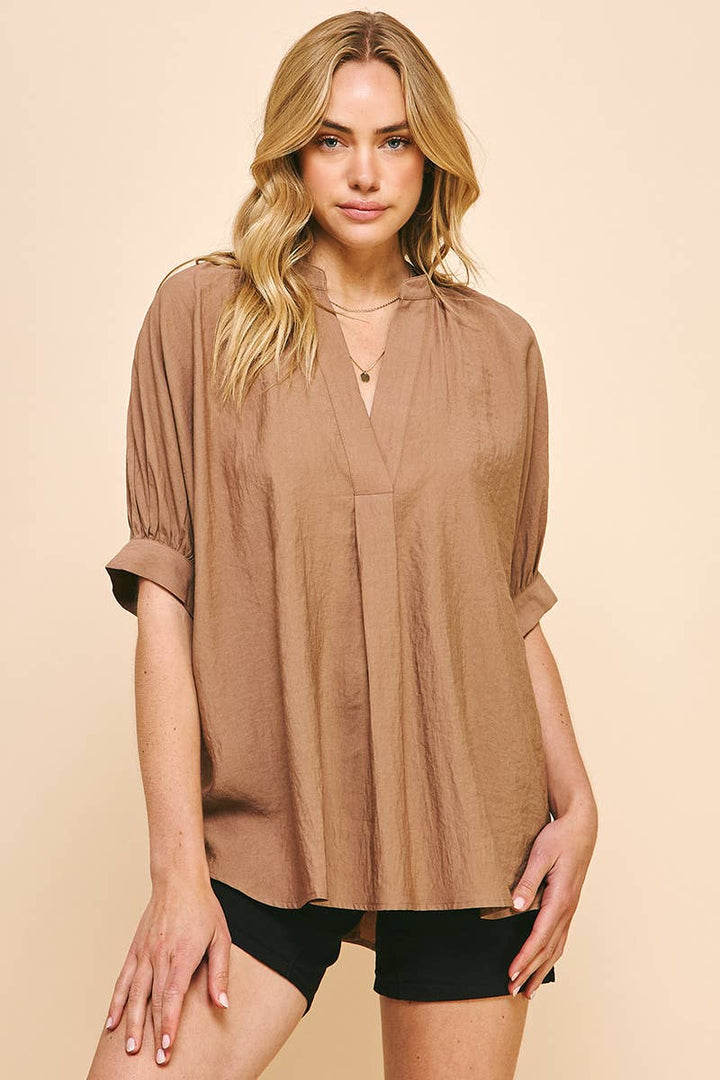 V-NECK TUNIC TOP - MOCHA: S