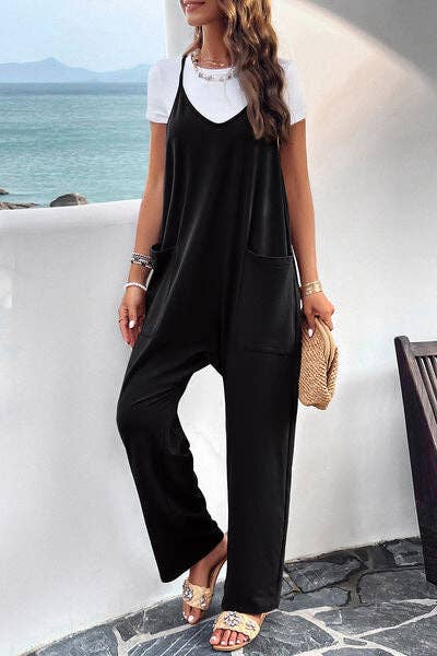 Pocketed Spaghetti Strap Overalls: Black / L