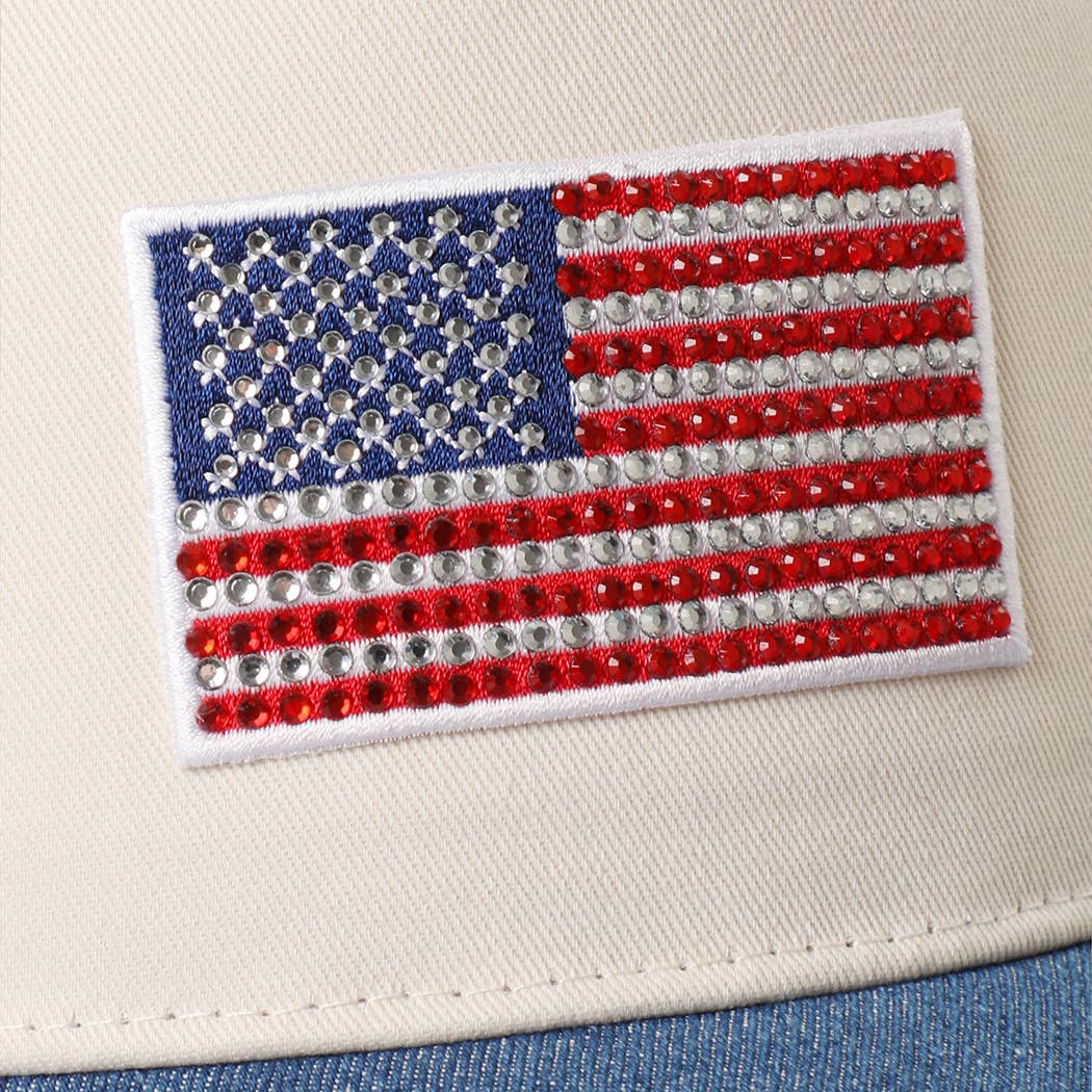 American Flag Rhinestone Patch Denim Star Brim Trucker Cap