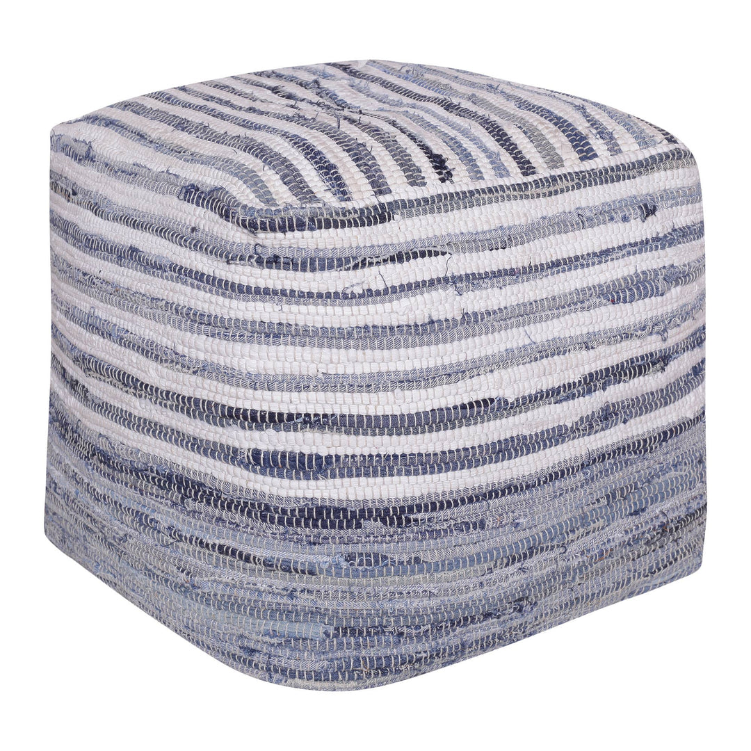 Andros Navy Blue/White Striped Cotton Cube Pouf