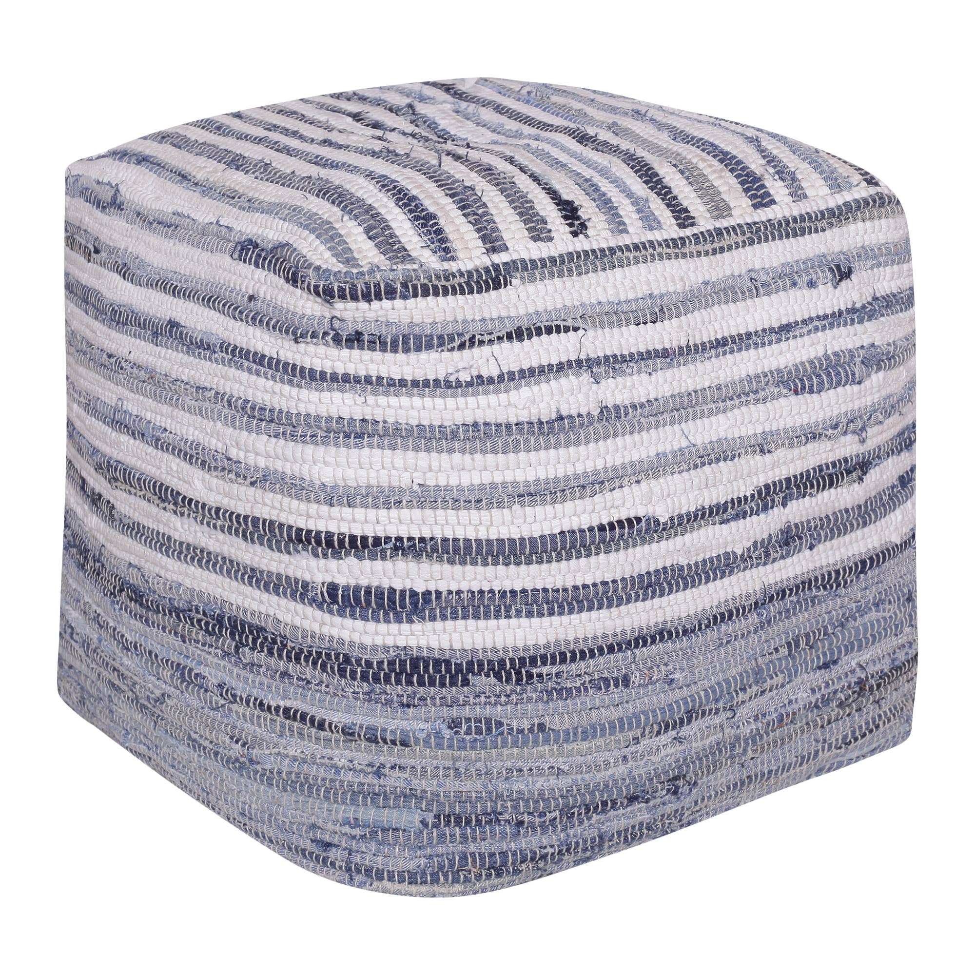 Andros Navy Blue/White Striped Cotton Cube Pouf
