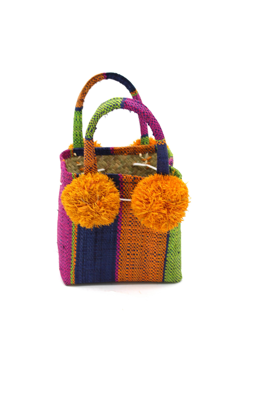 Schooner Straw Mini Bag with Pompom Accent: Black Two Tone Stripe
