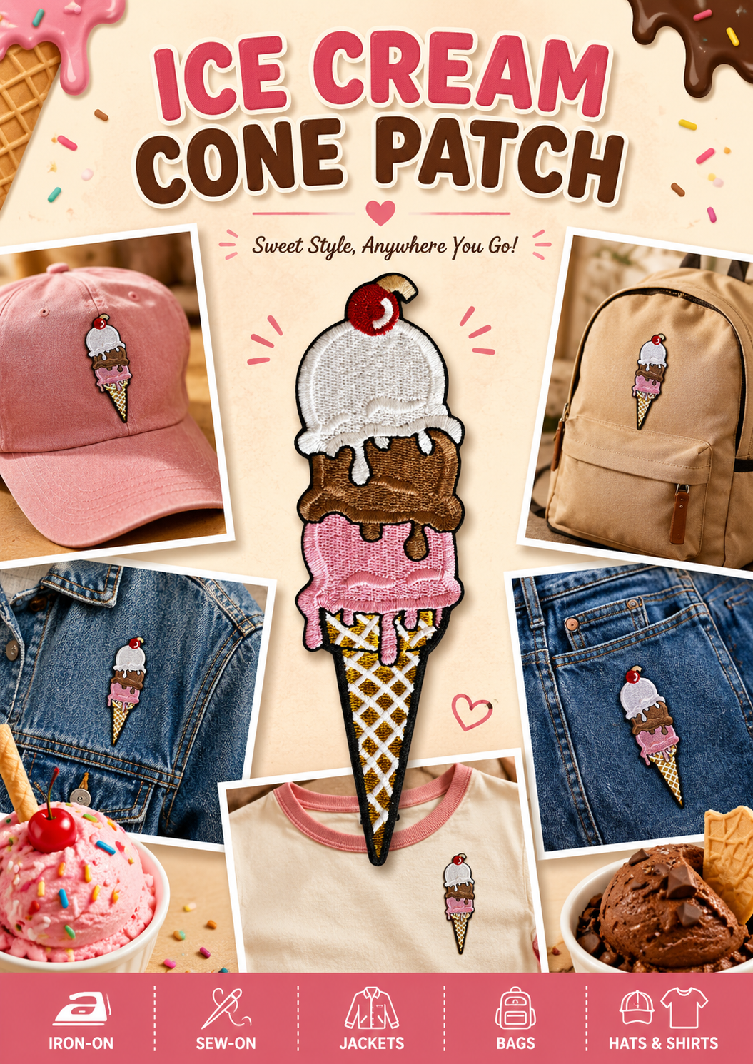 Triple Ice Cream Cone - Original Artwork " Patch – 1" x 3.7"