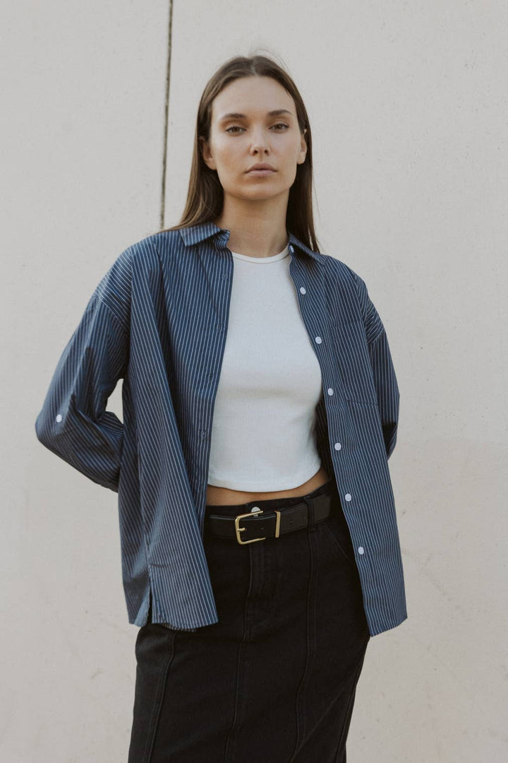 The Annalise Top | Pinstripe Button-Down Top: BLUE/WHITE / SMALL