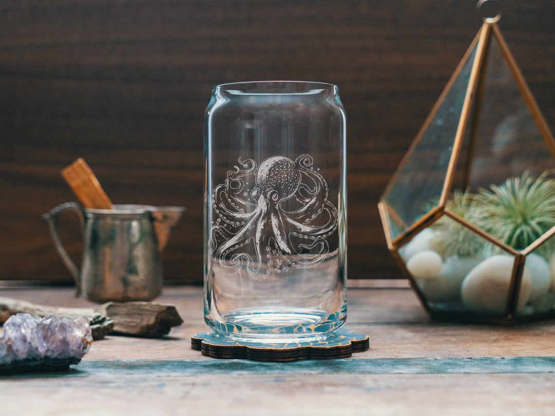 Octopus Etched Drinking Glasses: Stemless Wine ~ 15 oz