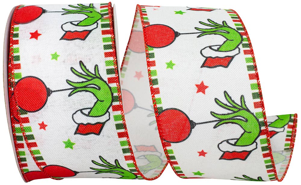 Green Hand With Ornaments Linen Wired Edge Ribbon