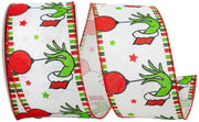 Green Hand With Ornaments Linen Wired Edge Ribbon