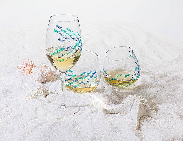 Blue & Green Etched Fish Wine Glass: Stemless Goblet (21oz)