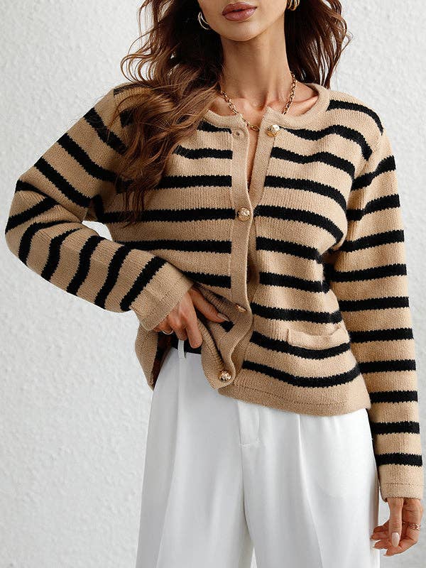 Long Sleeves Loose Buttoned Pockets Striped Round-Neck Cardigan Tops: BLACK / L