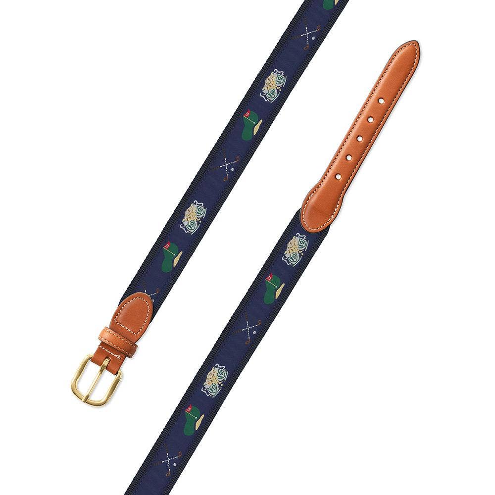 Navy Golf Motif Leather Tab Belt: Brown Leather Tabs / 36"