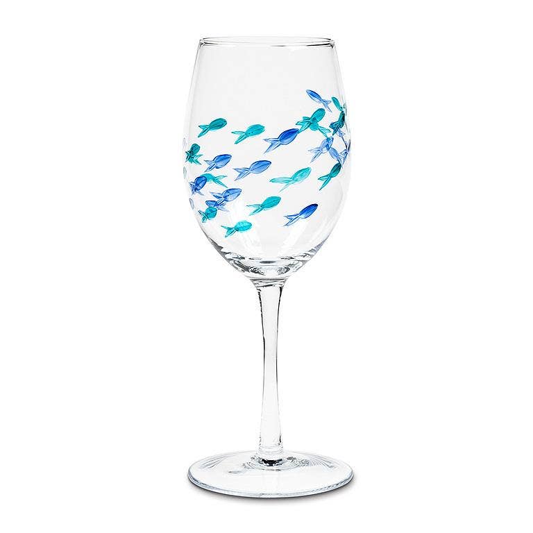 Blue & Green Etched Fish Wine Glass: Stemless Goblet (21oz)