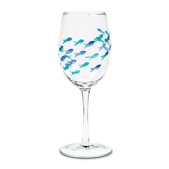 Blue & Green Etched Fish Wine Glass: Stemless Goblet (21oz)