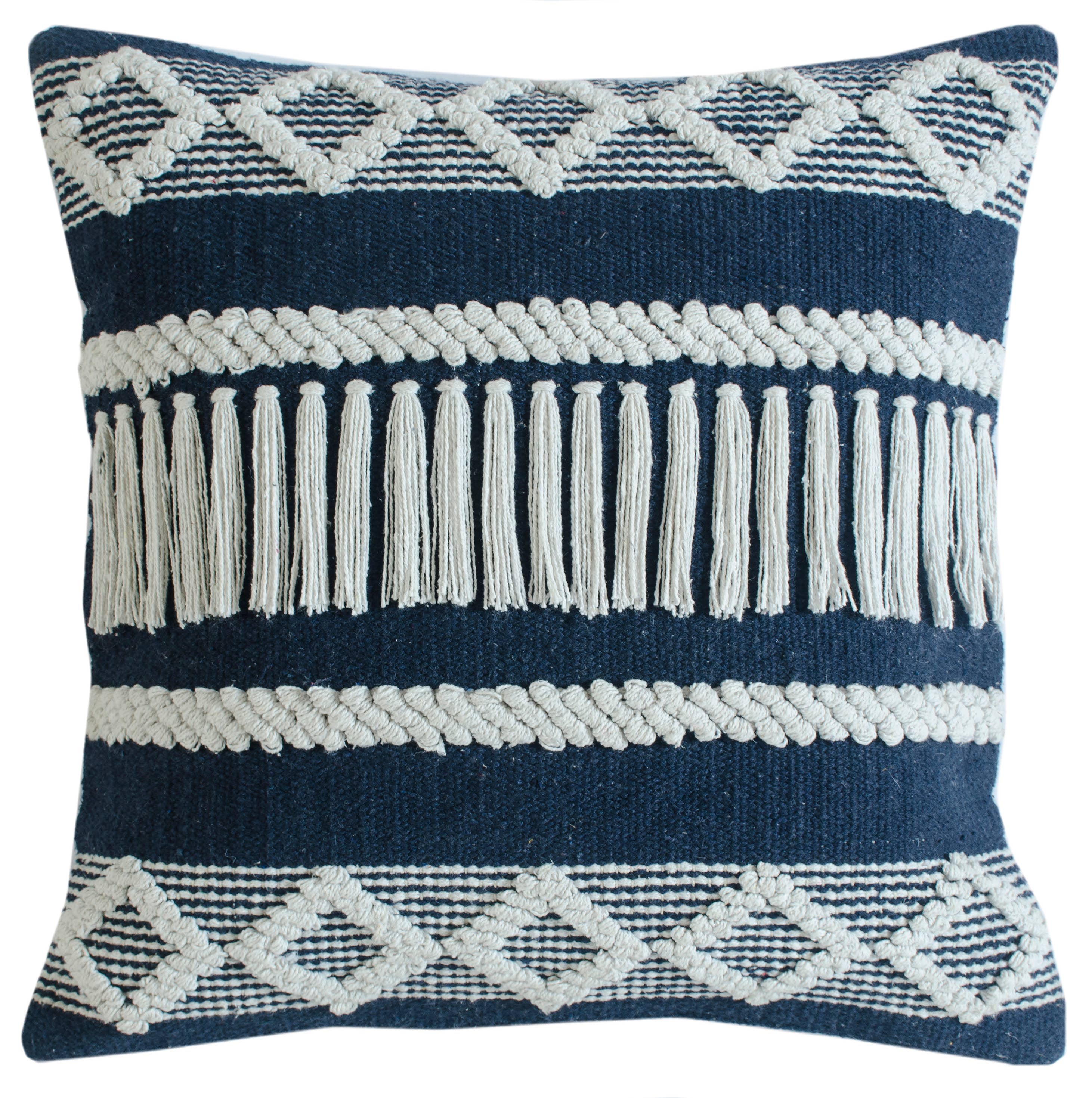 Diamond Stripe Textured Throw Pillow: Blue/Ivory / Poly Filled