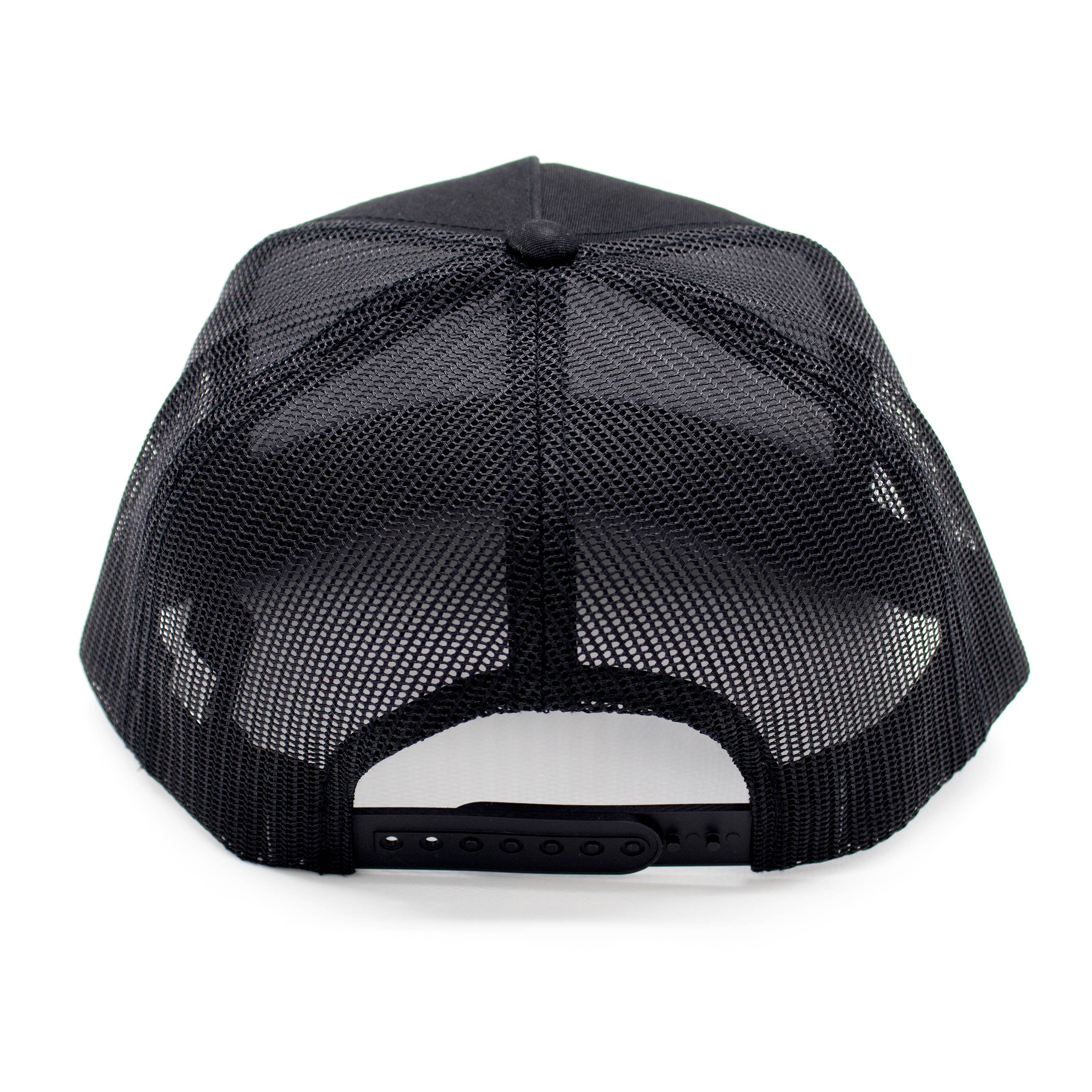 CUSTOM TEXT Raised Print Snapback Trucker Hats: All Black / White
