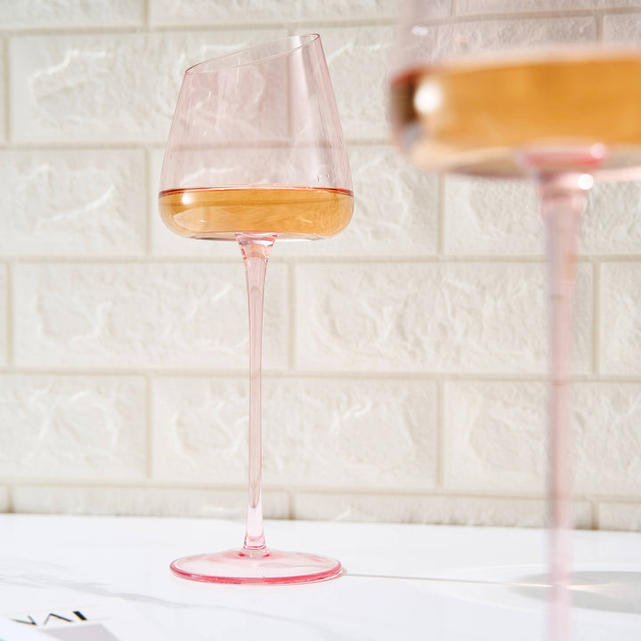 Khen Pink Wine Glasses Set of 2 Red Blush Color 18oz Slanted