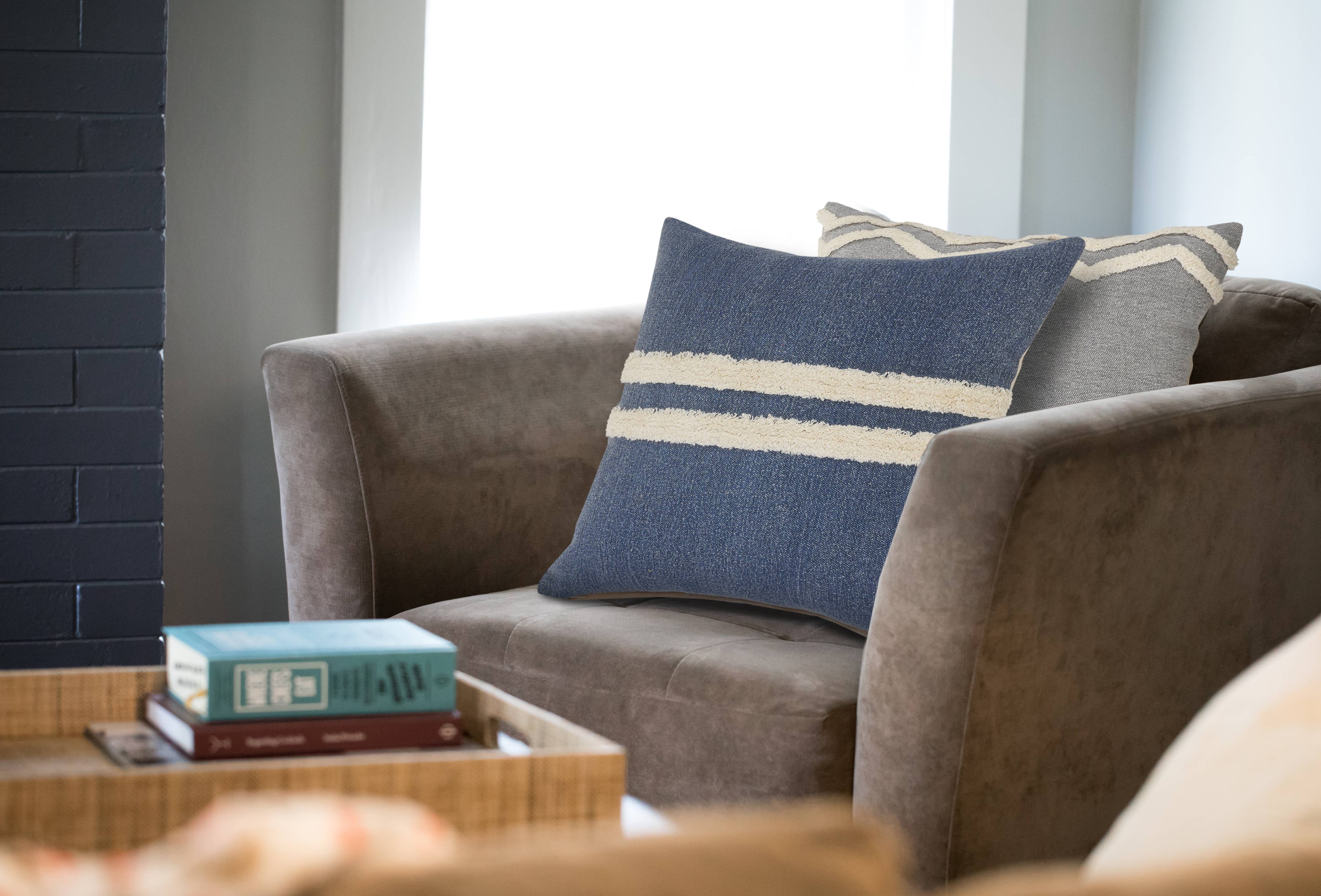 Seashore Dusty Blue Striped Cotton Throw Pillow, Set of 2