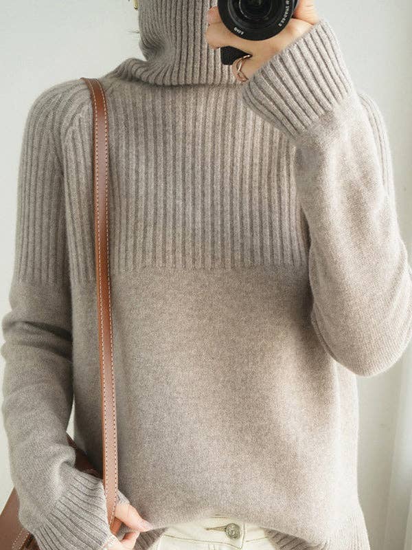 Casual Long Sleeves Loose Solid Color High-Neck Sweater Tops: GRAY / M