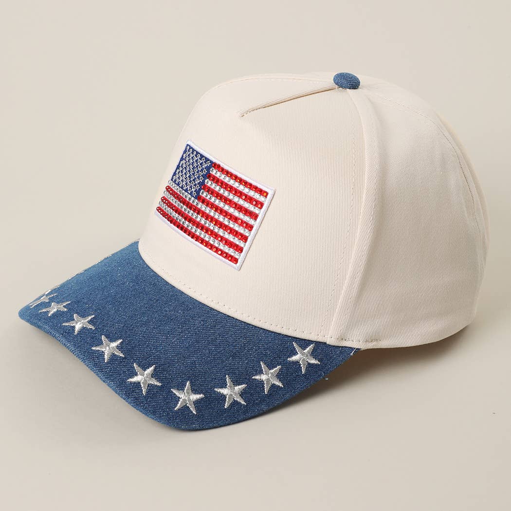 American Flag Rhinestone Patch Denim Star Brim Trucker Cap
