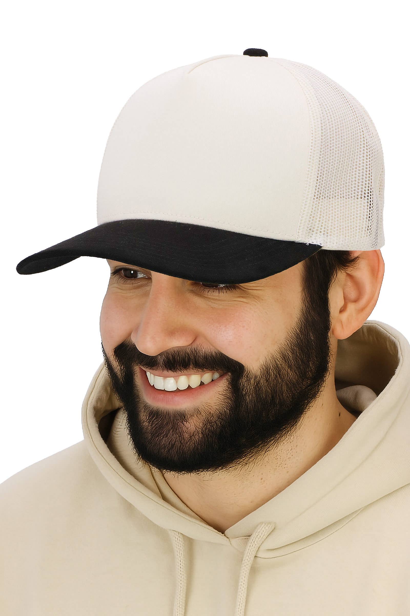 Vegan Suede 5 Panel Snap Back Trucker Hat: BEIGE/BLACK / ONE SIZE