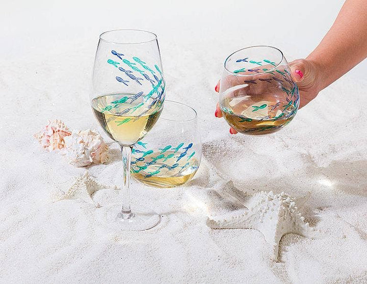 Blue & Green Etched Fish Wine Glass: Stemless Goblet (21oz)