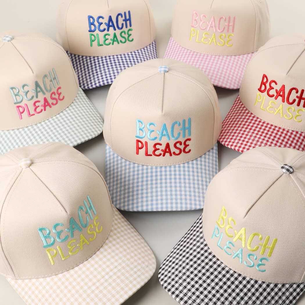 BEACH PLEASE Embroidered Gingham Brim Trucker Hat