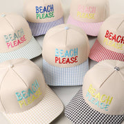 BEACH PLEASE Embroidered Gingham Brim Trucker Hat