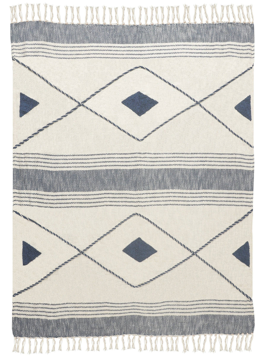 Coastal Edge Geometric Diamond Throw Blanket with Fringe: Blue/White